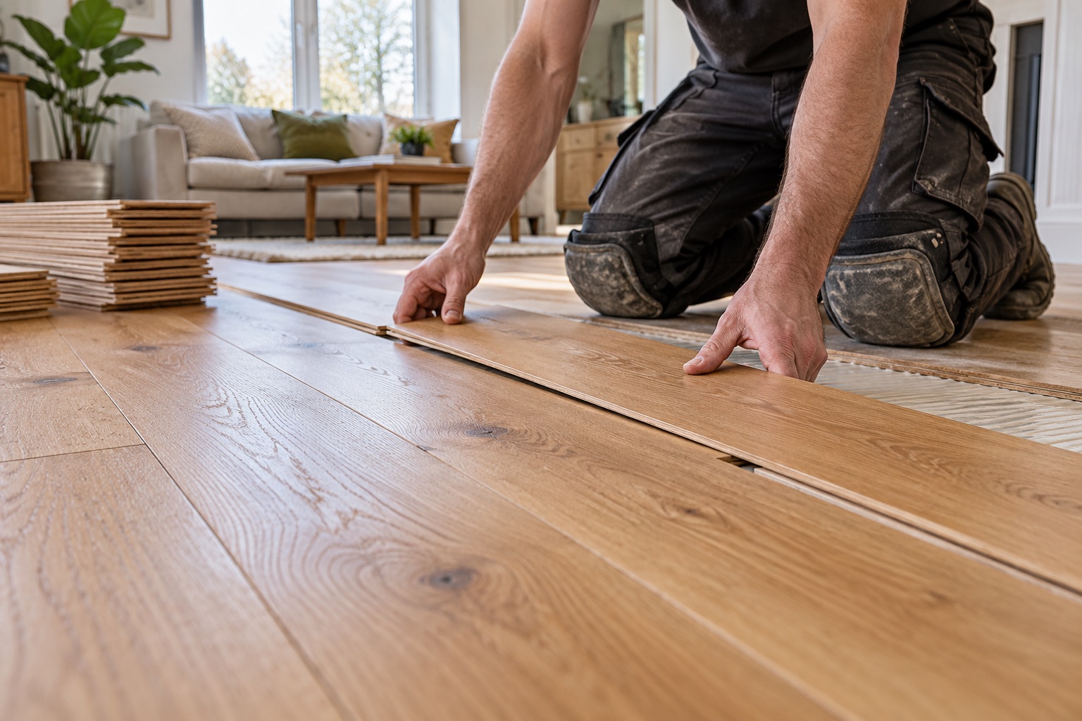 An installer fitting an oak floorboard