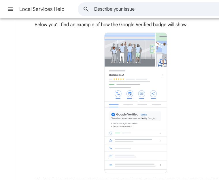 Google’s official example explaining where the Google Verified badge appears on a Local Services profile