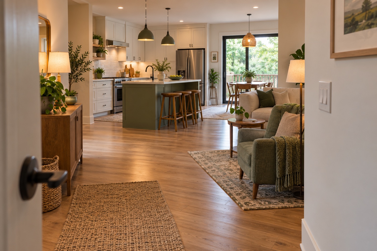 A comfortable living area connected to a kitchen