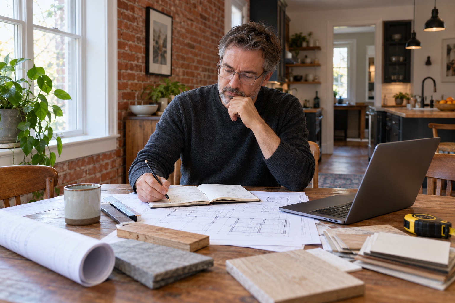 A homeowner reviewing renovation plans and notes at a dining table