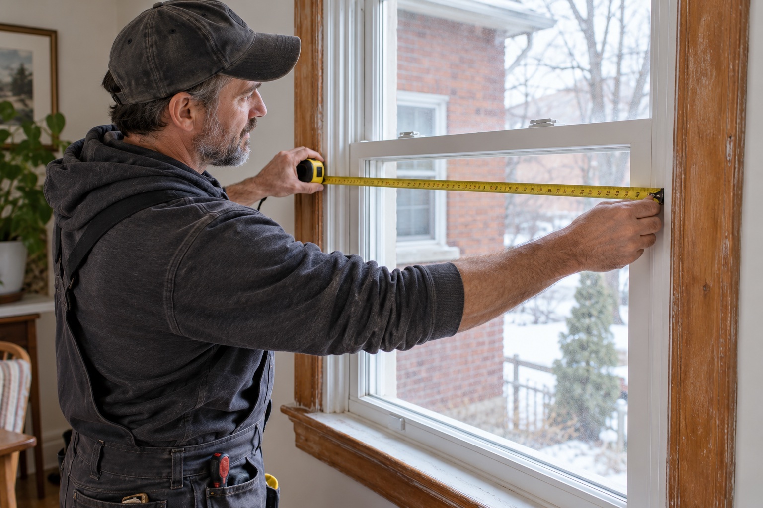 A person measuring the width of a residential window